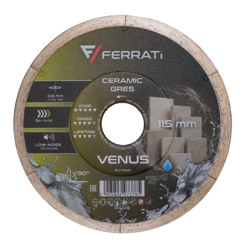 Tarcza diament tnąca, grubość 0,6mm Ferrati VENUS 115mm/mokro